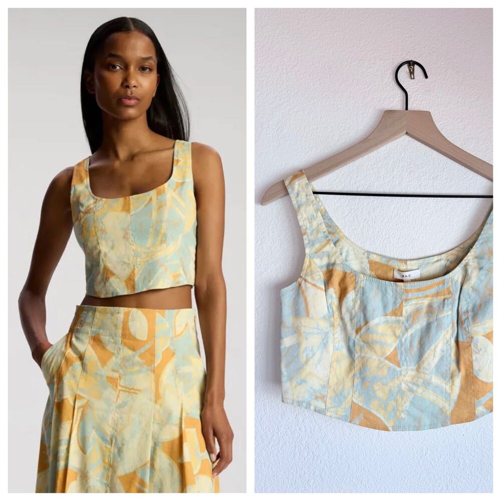 A.L.C. Isabel Crop Top NWT Size 2 Linen Cumin Sea Glass Abstract Corset Bustier